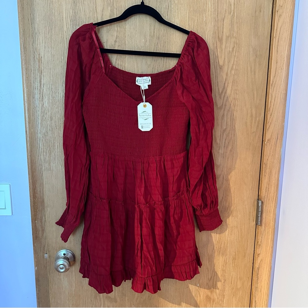 Love Riche Textured Crimson Long Sleeve Red Dress